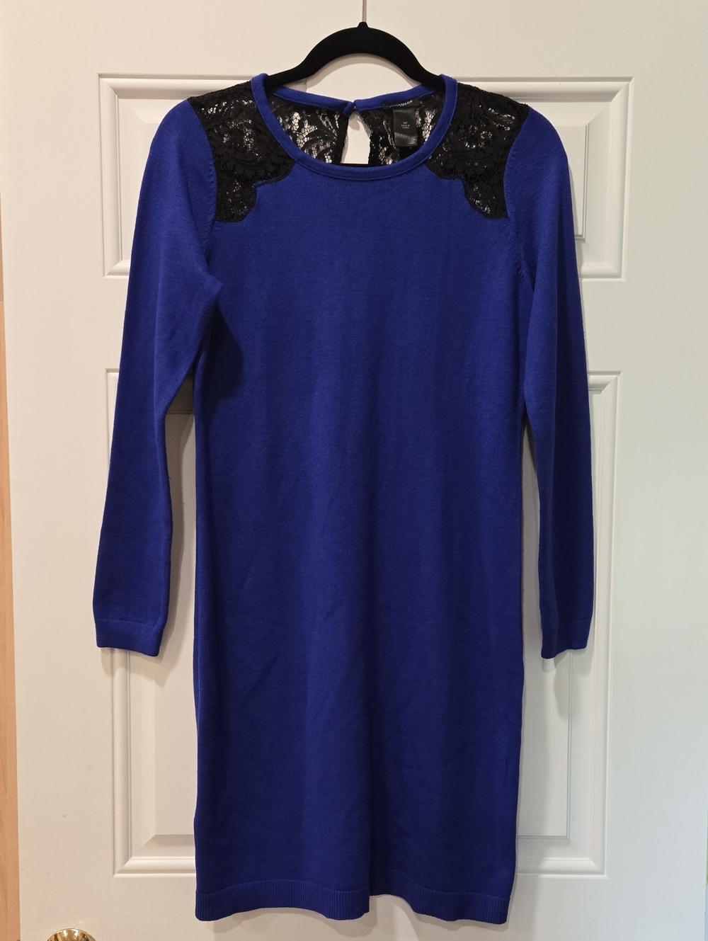 Ann Taylor Royal Blue Long-Sleeve Knit Dress with Black Lace Shoulders